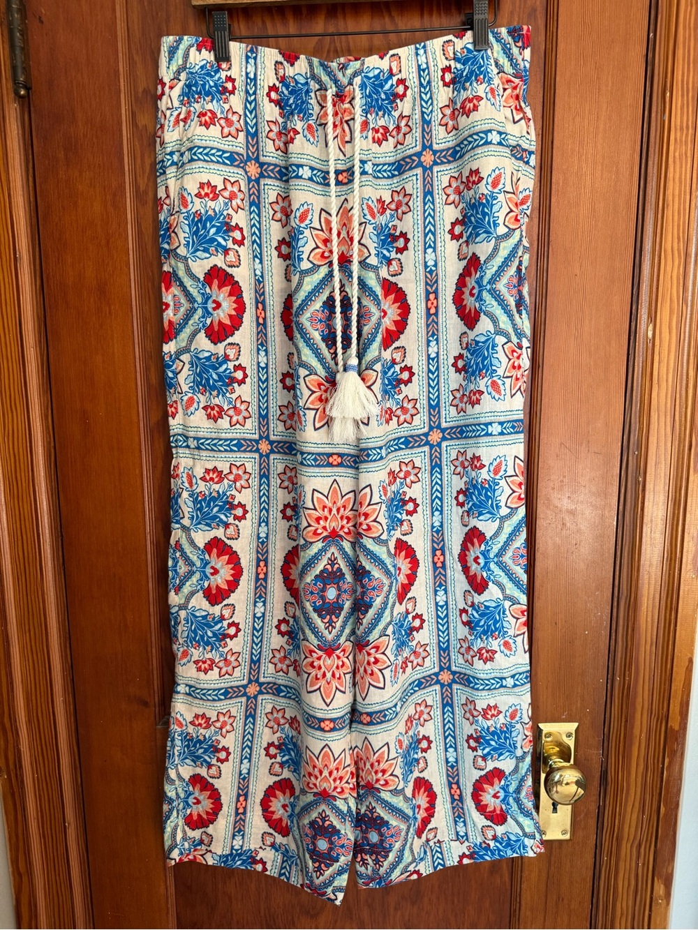 Rachel Zoe Floral Tile Print Wide-Leg Linen Blend Pants in Blue & Red Size XL
